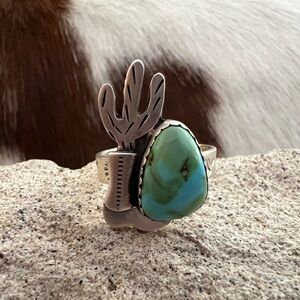 ❤️ Sonoran Gold Turquoise Navajo Style Sz 9+ Boot Cactus Ring Matte Brushed 925